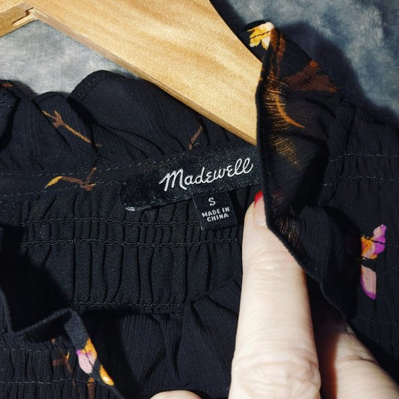 Madewell Womens S Black Floral Smocked Blouse Long Sleeve Romantic Boho Chic - Picture 5 of 13